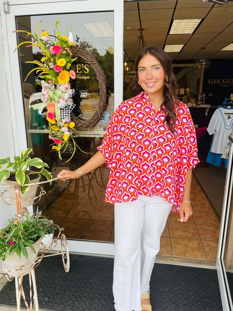 Lindy Tomato Mix Printed Button Down Top