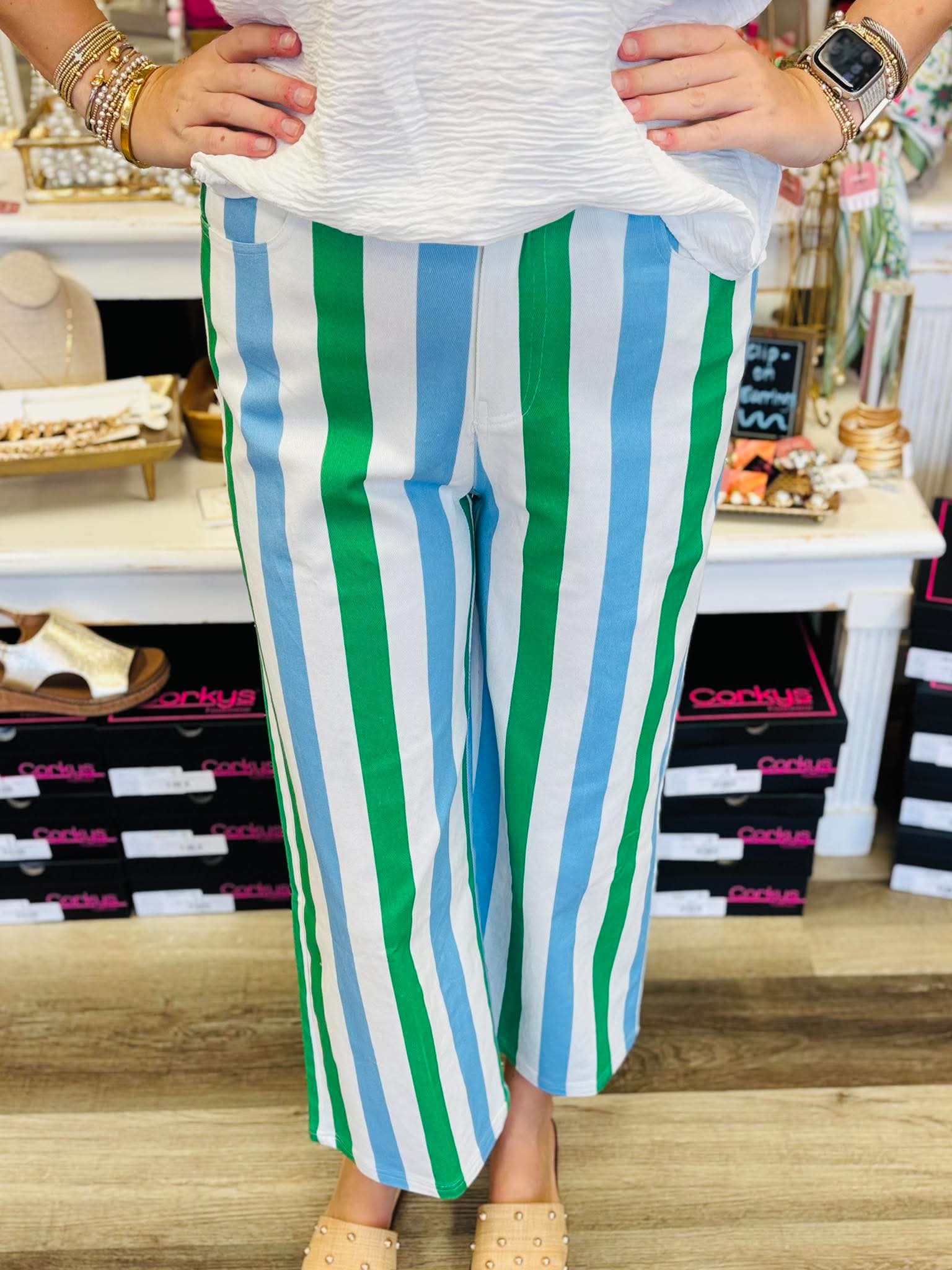 Angela Blue Multi Striped Crop Pants