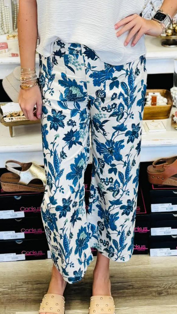 Karina Cobalt Floral Mix Cropped Pants