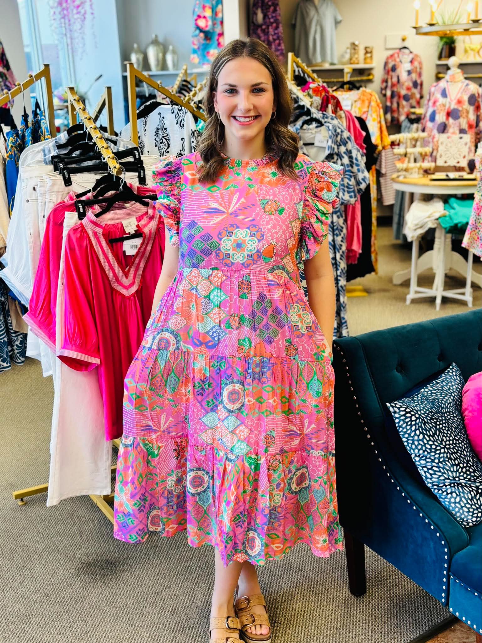 Shelbie Ruffled Sleeve Boho Multi Midi Dress