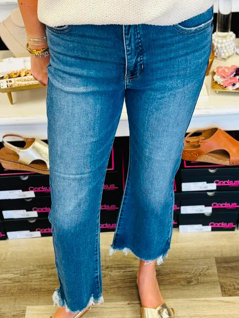 Risen Maggie High Rise Crop Flare Fray Jeans