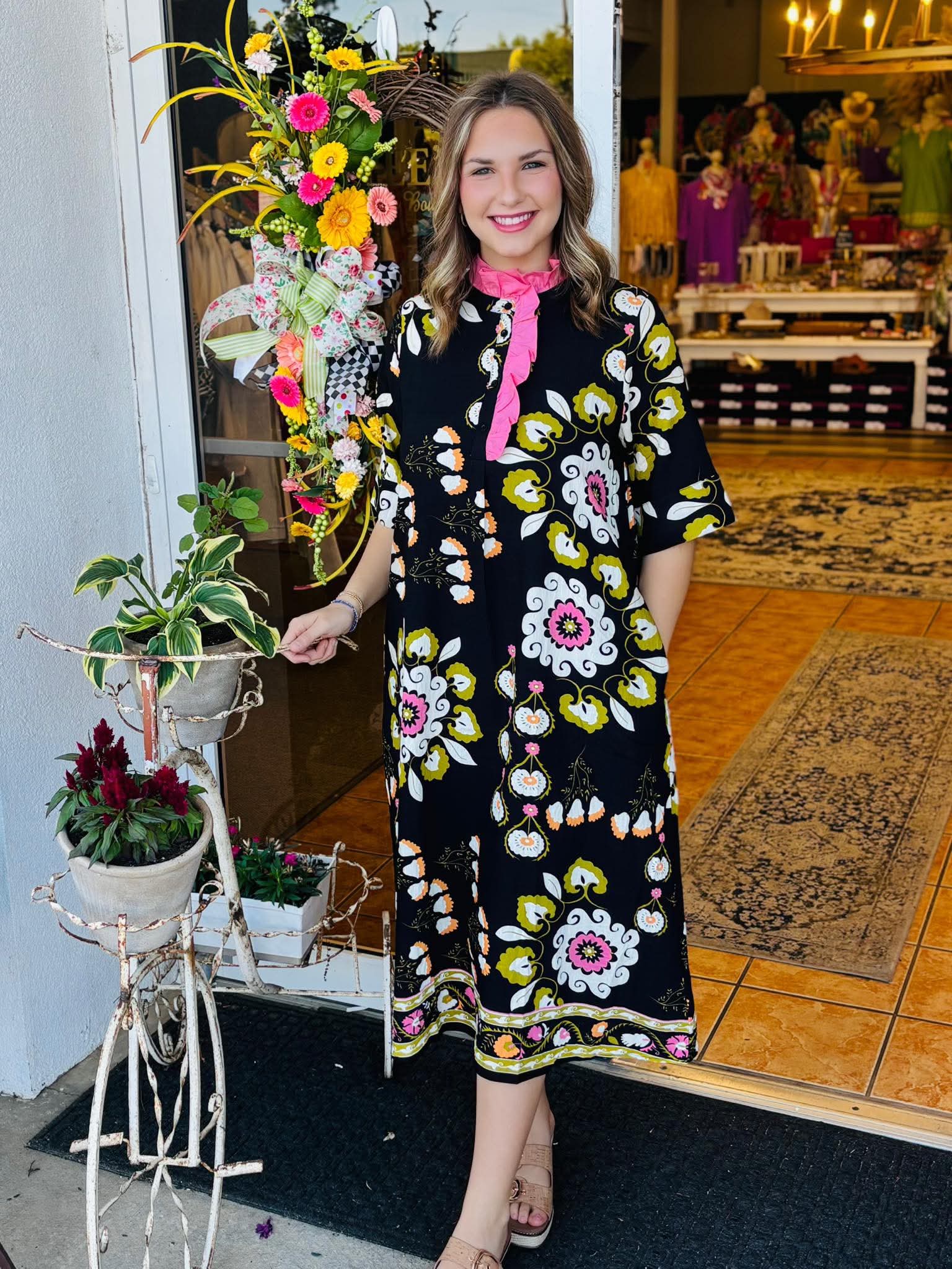 Betsy Black High Neck Boho Floral Midi Dress