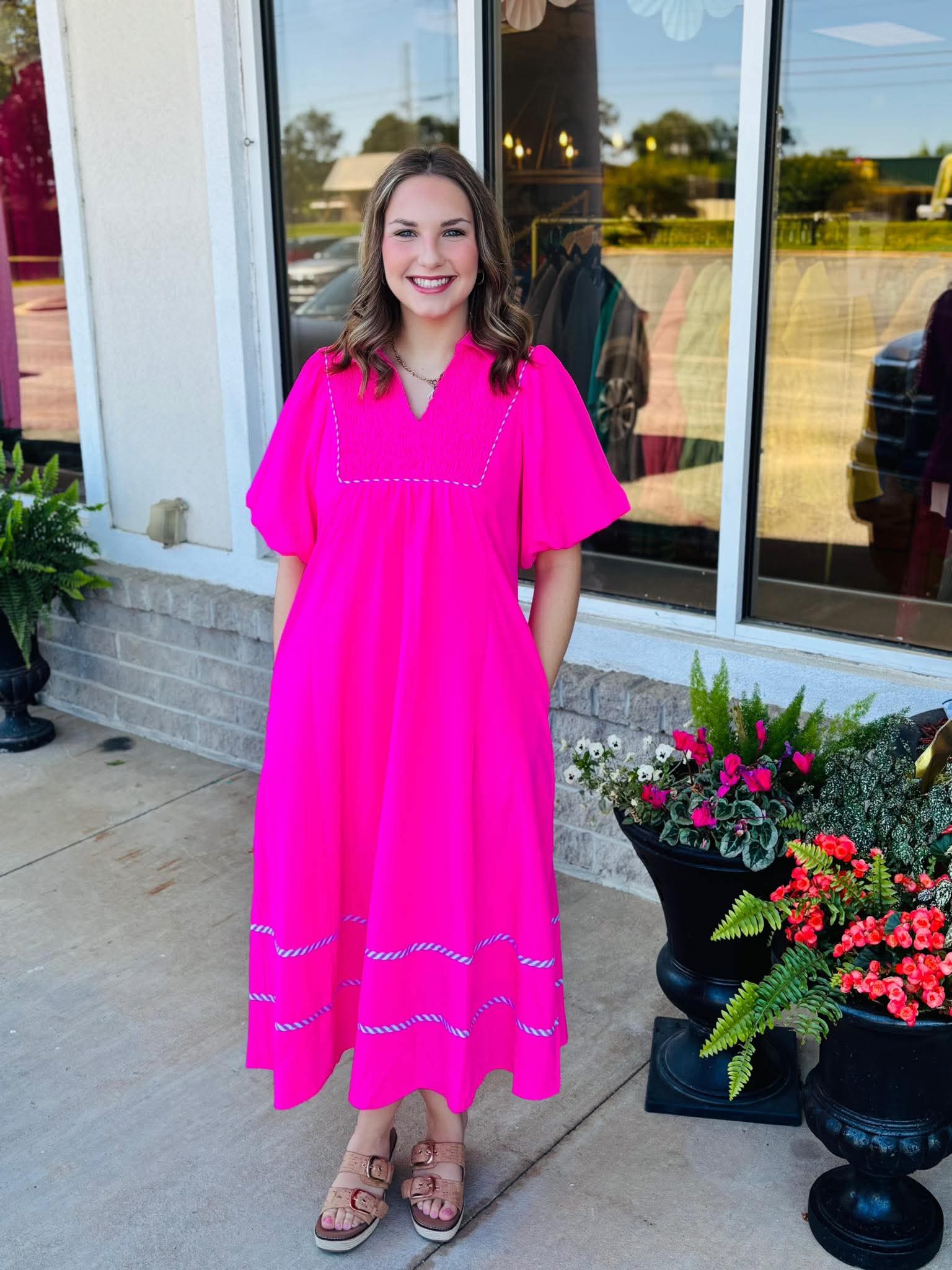 Belle Hot Pink Smocked Midi Dress