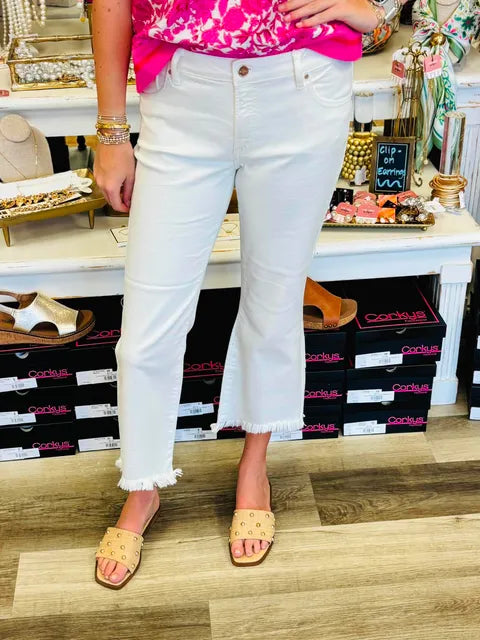 Risen Trish Tummy Control White Low Rise Crop Jeans