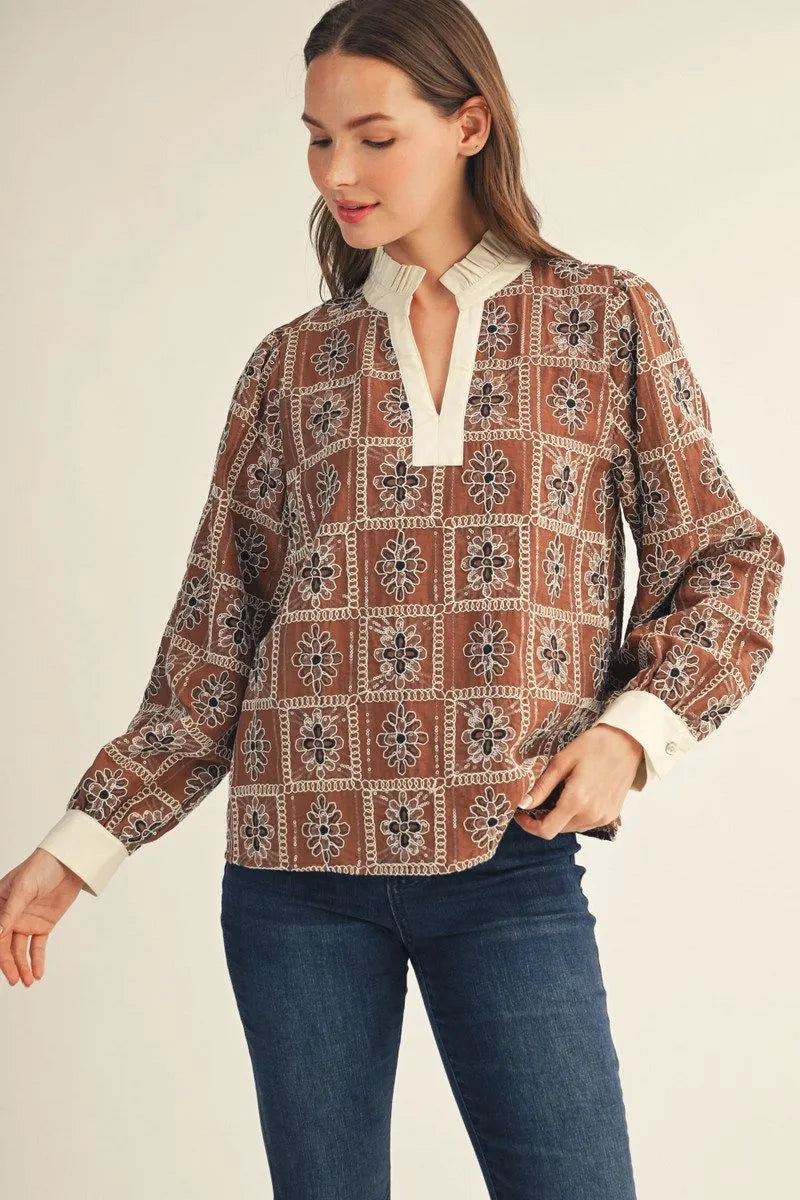 Gemma Long Sleeve Embroidered V Neck Top