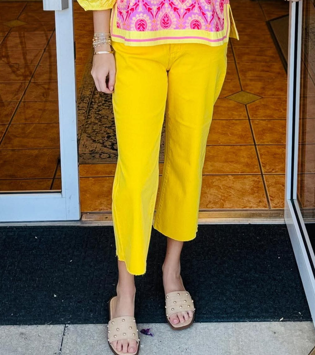 Judy Blue Yolanda Yellow Cropped Wide Leg Braided Waistband Jeans