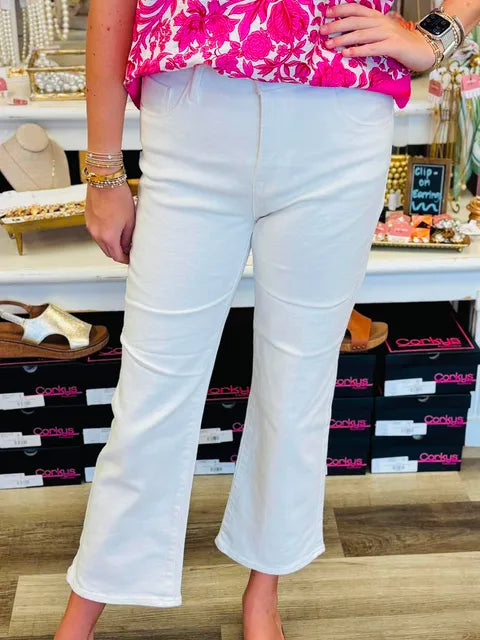 Risen Ralee White Tummy Control Mid Rise Ankle Bootcut Jeans