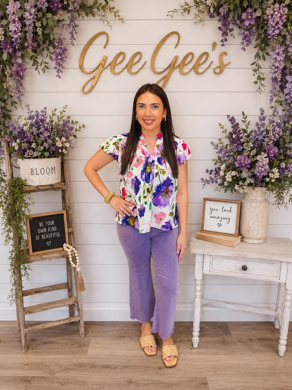 Violet Flutter Sleeve Floral Printed Top