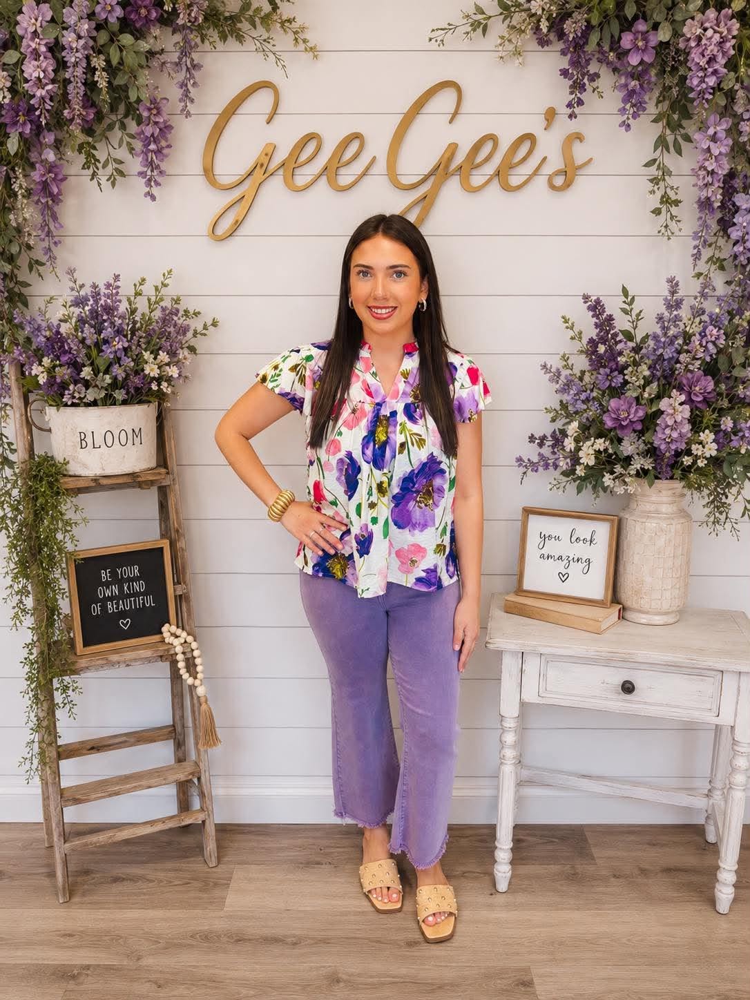 Violet Flutter Sleeve Floral Printed Top