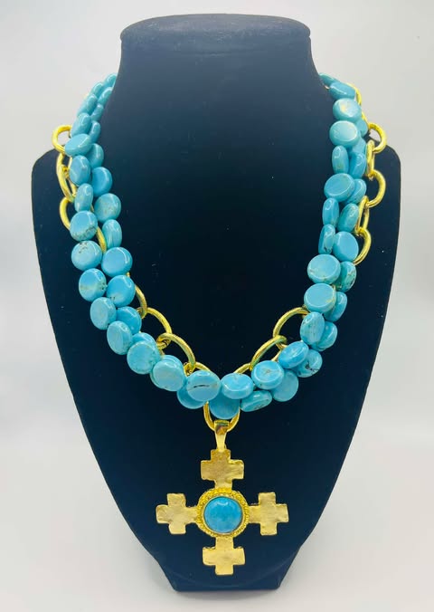 Susan Shaw Gold 4 Cross 3 Strand Turquoise Necklace