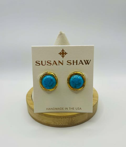 Susan Shaw handcast Gold & Turquoise Cab Earrings