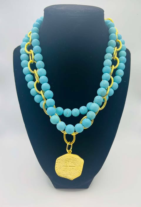 Susan Shaw Handcast Gold Coin & 3 Row Matte Turquoise Necklace