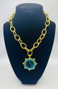 Susan Shaw Gold Aqua Venetian Glass Coin Chain Necklace