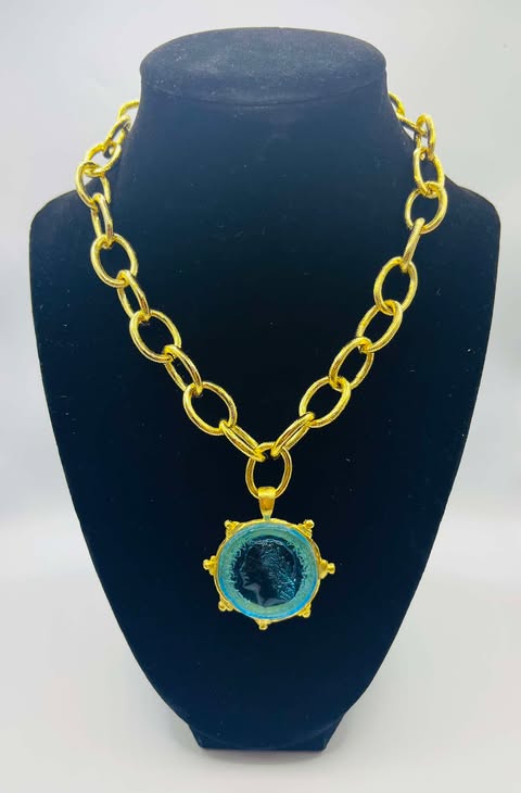 Susan Shaw Gold Aqua Venetian Glass Coin Chain Necklace