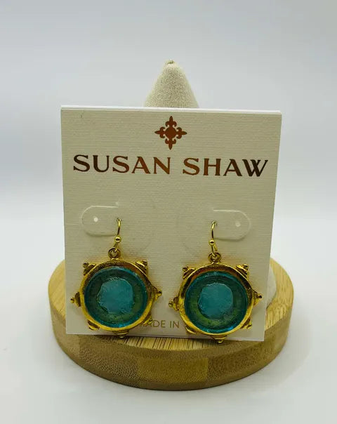 Susan Shaw Gold & Aqua Venetian Glass Coin Earrings