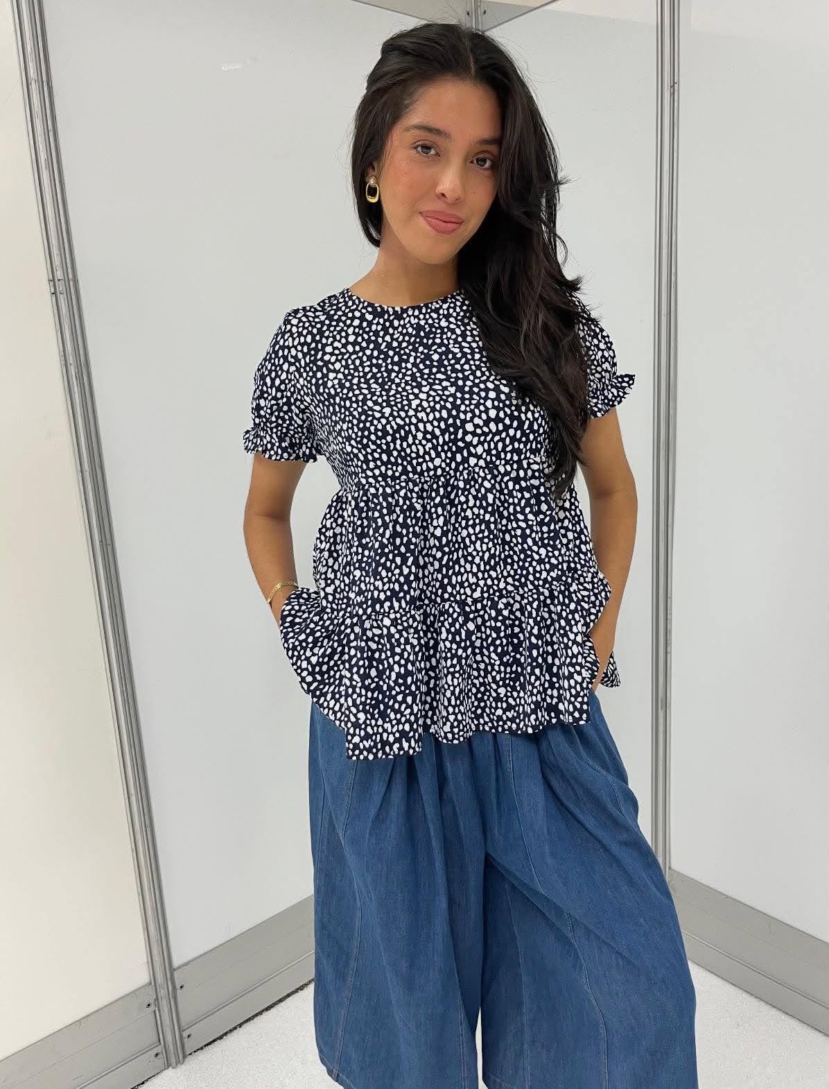 Trisha Tier Navy Spotted Top