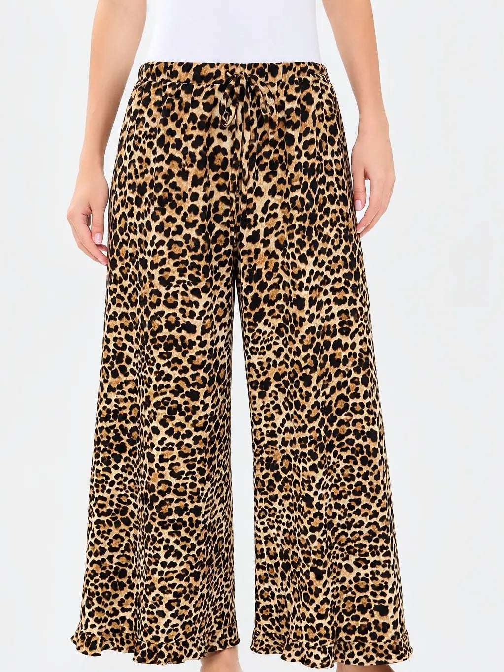 Lenzie Leopard Wide Ruffle Hem Pants