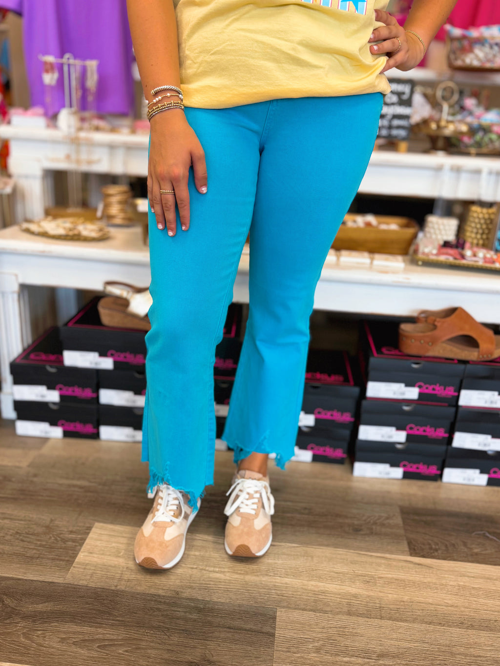 Mica Turquoise High Rise Crop Flare Jeans