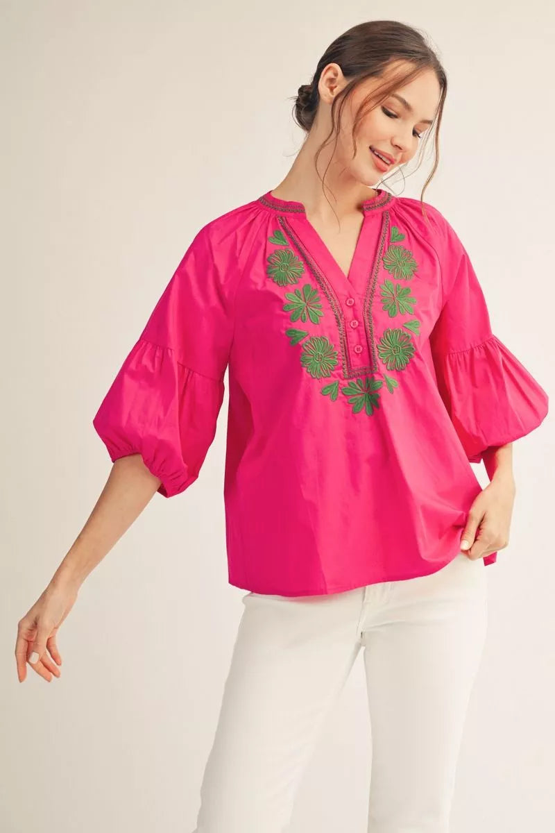 Sasha Floral Embroidered Puff Sleeve Top
