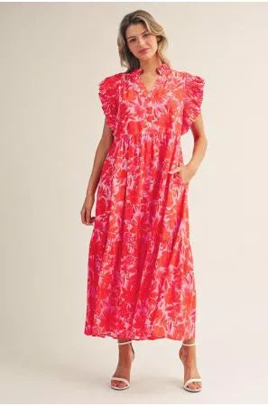 Wrenley Red Mix Tropical Floral Midi Dress