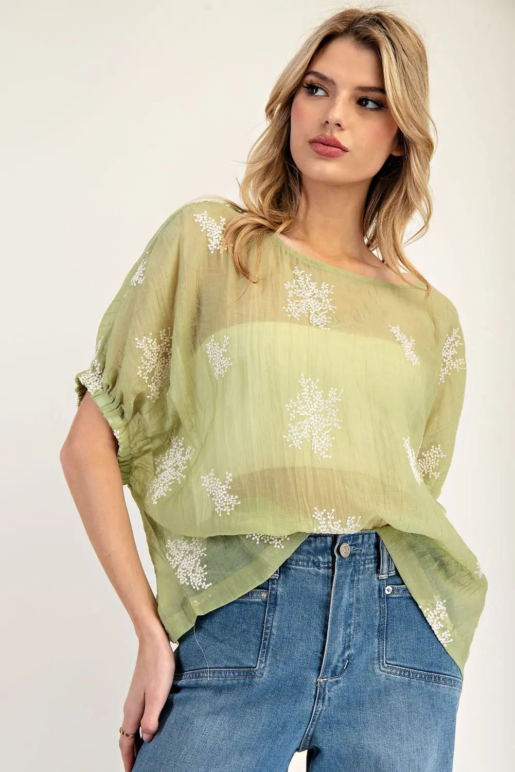 Emily Eucalyptus Embroidered Top