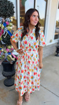 Charity Cream Mix Button Down Floral Tie Midi Dress