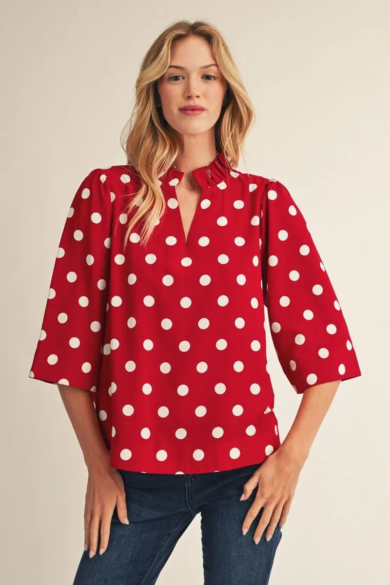 Andie Polka Dot Ruffled Neck Top