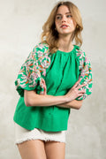 Fendley Embroidered Puff Sleeve Textured Button Front Top