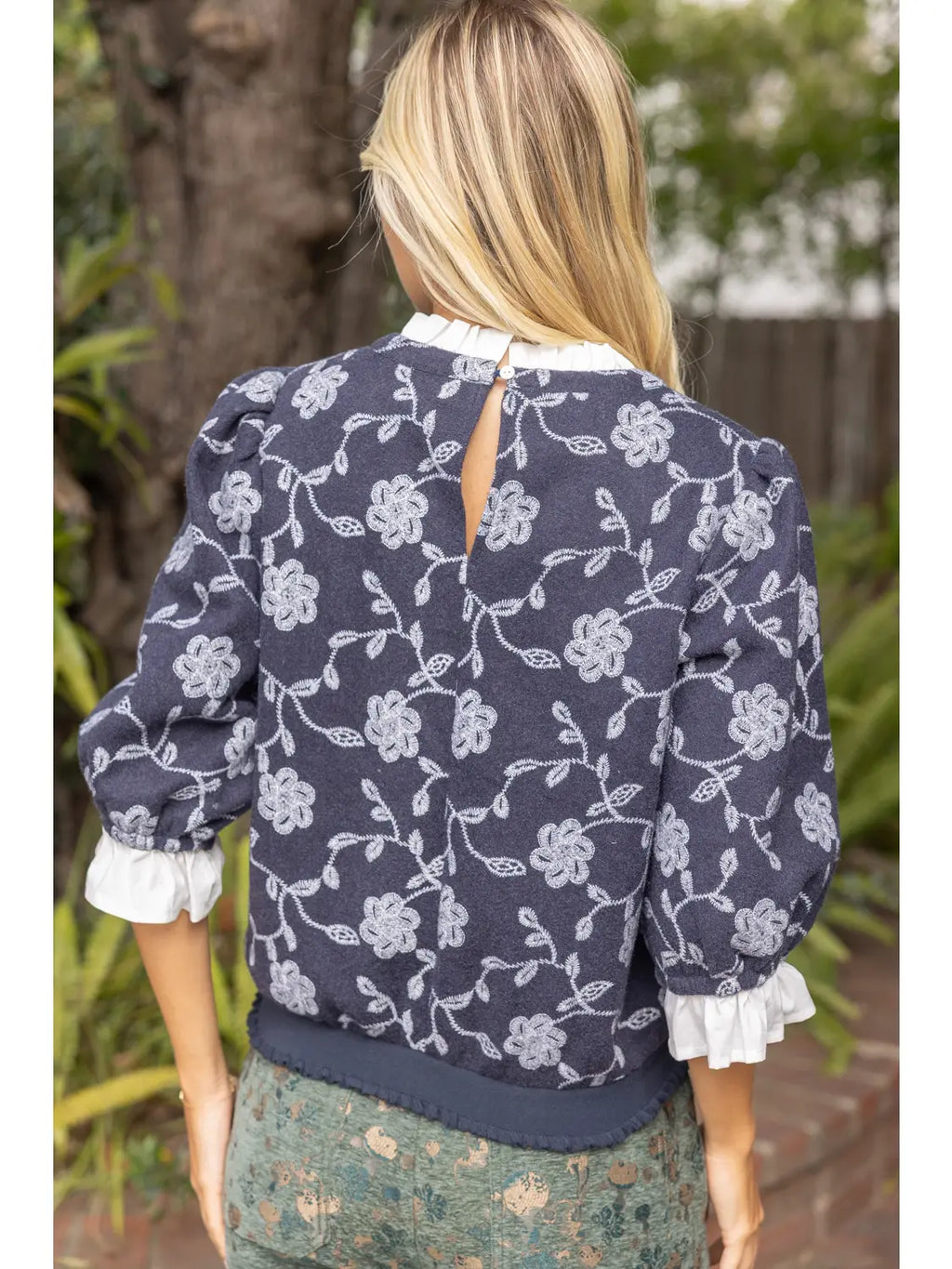 Ronnie Solid Ruffle Floral Embroidered Top