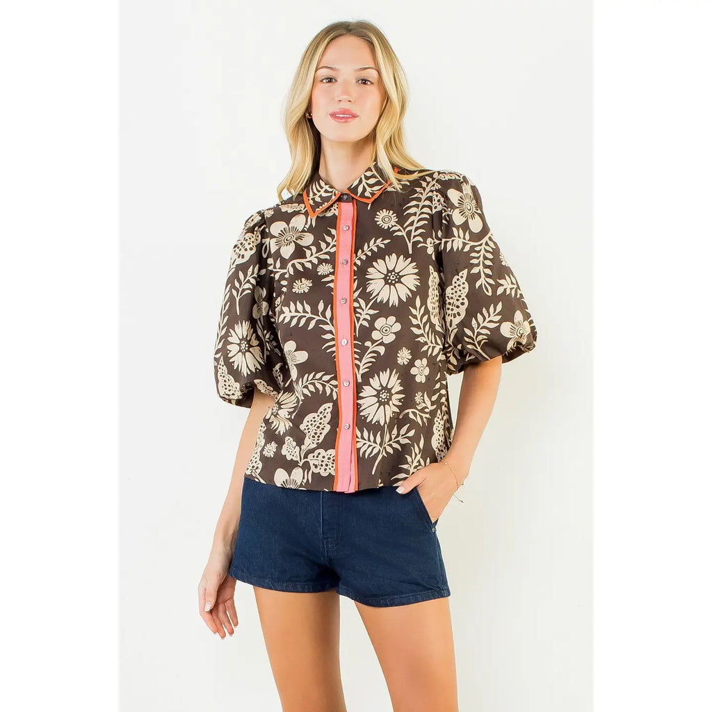Bronson THML Two Tone Floral Print Short Sleeve Top