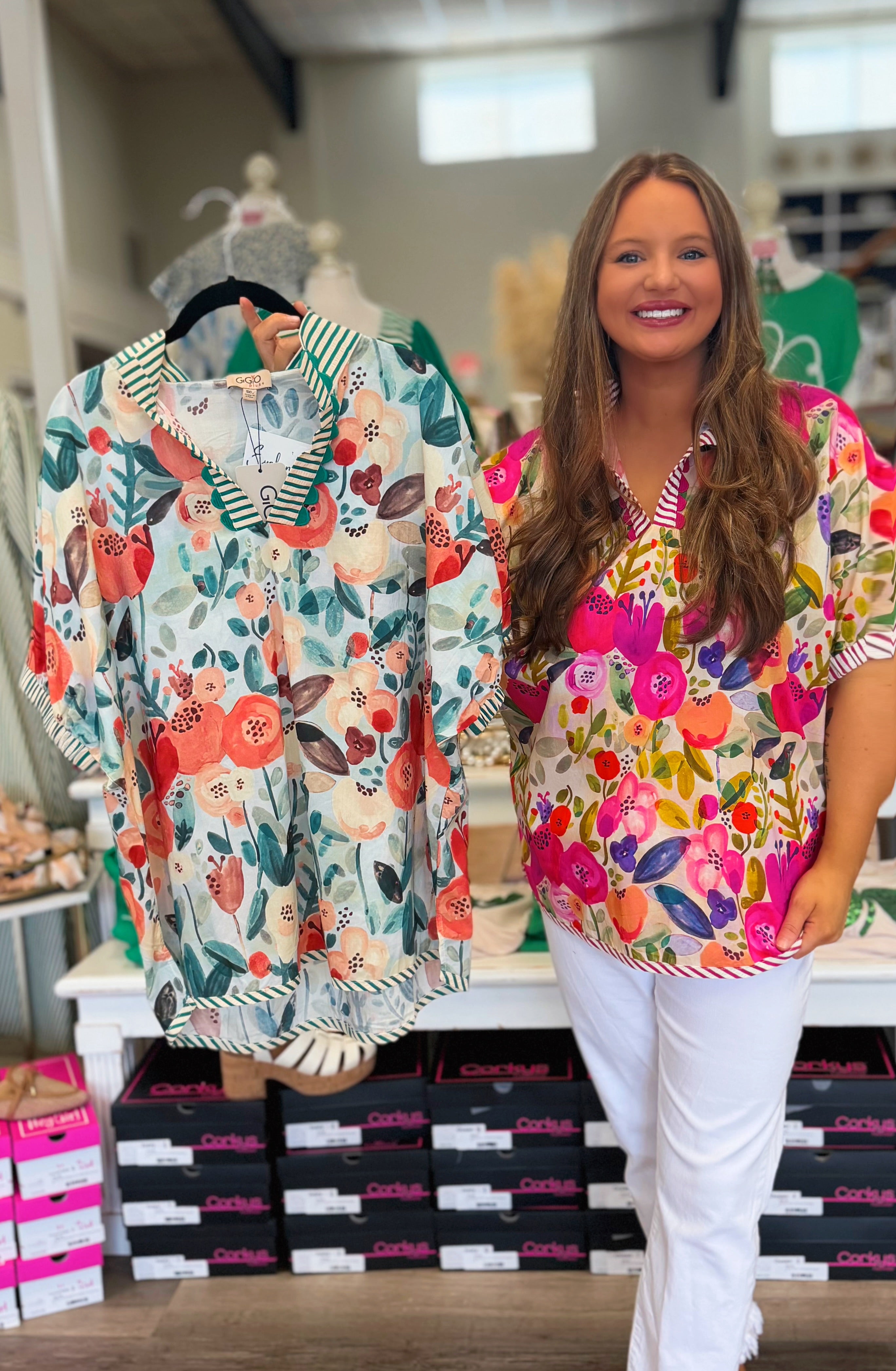 Curvy Sabrina Floral Striped Mock Neck Top