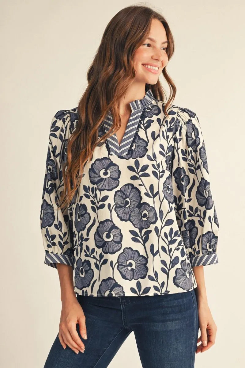 Emily Floral  Ruffle Neck Top