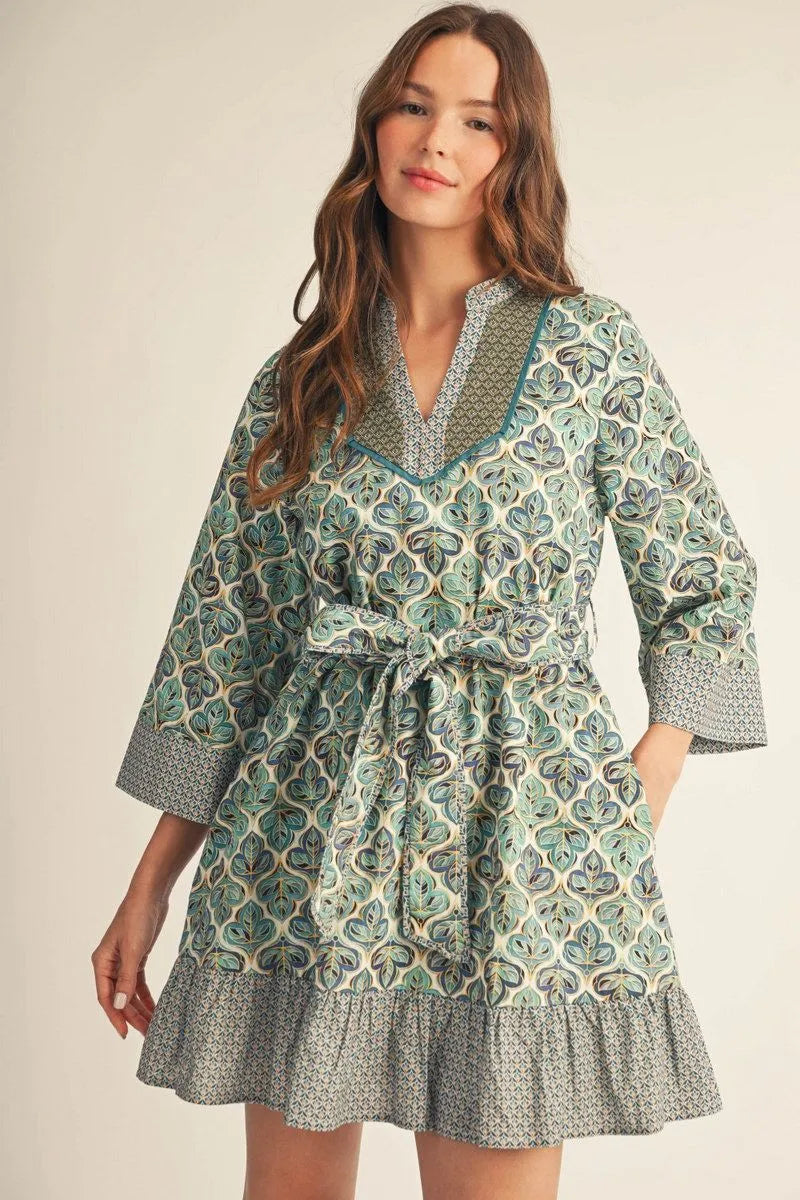 Adrian Geo Leaf Print Waist Tie Mini Dress