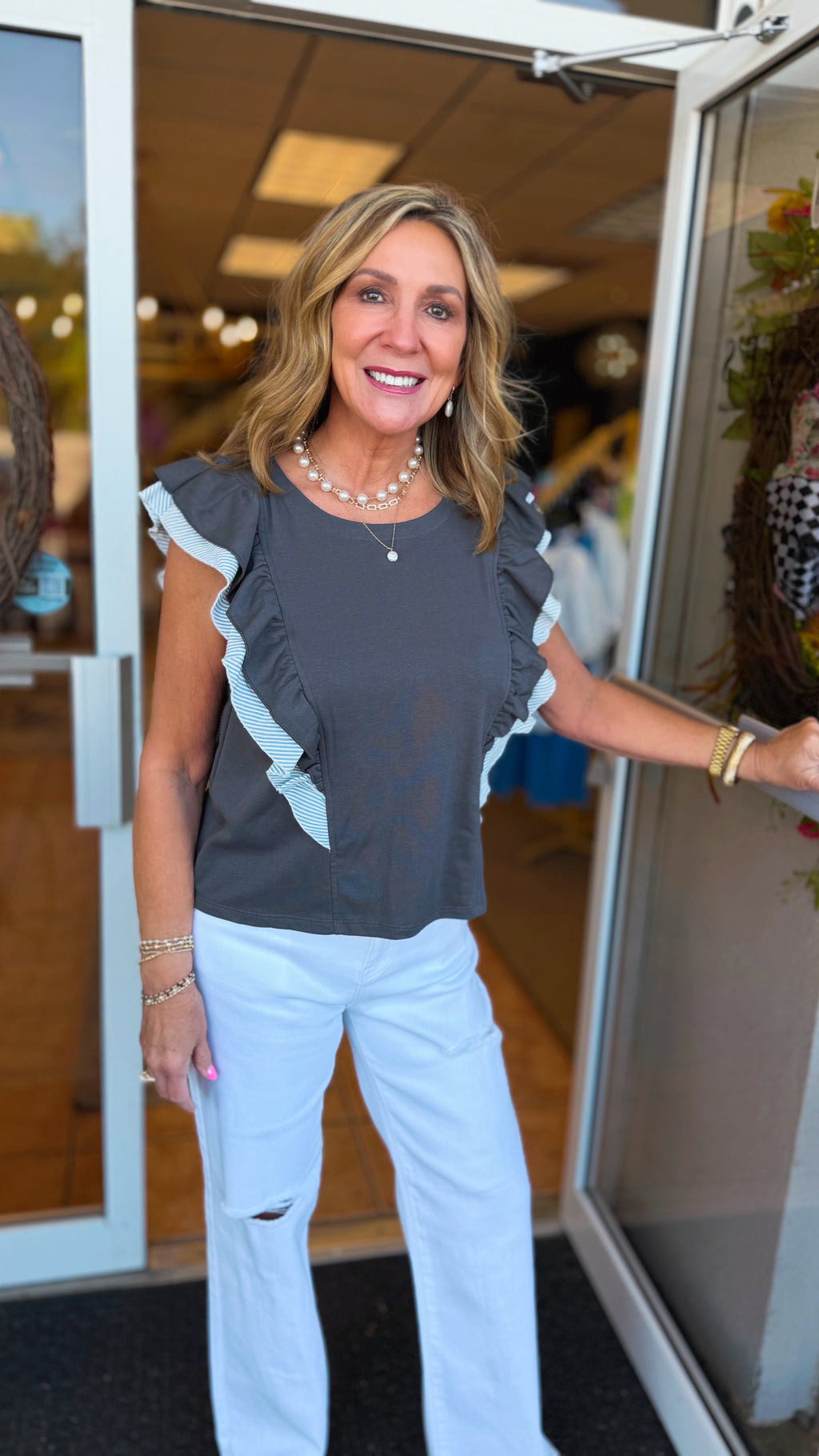 Charolette Flutter Back Striped Detailed Charcoal Top