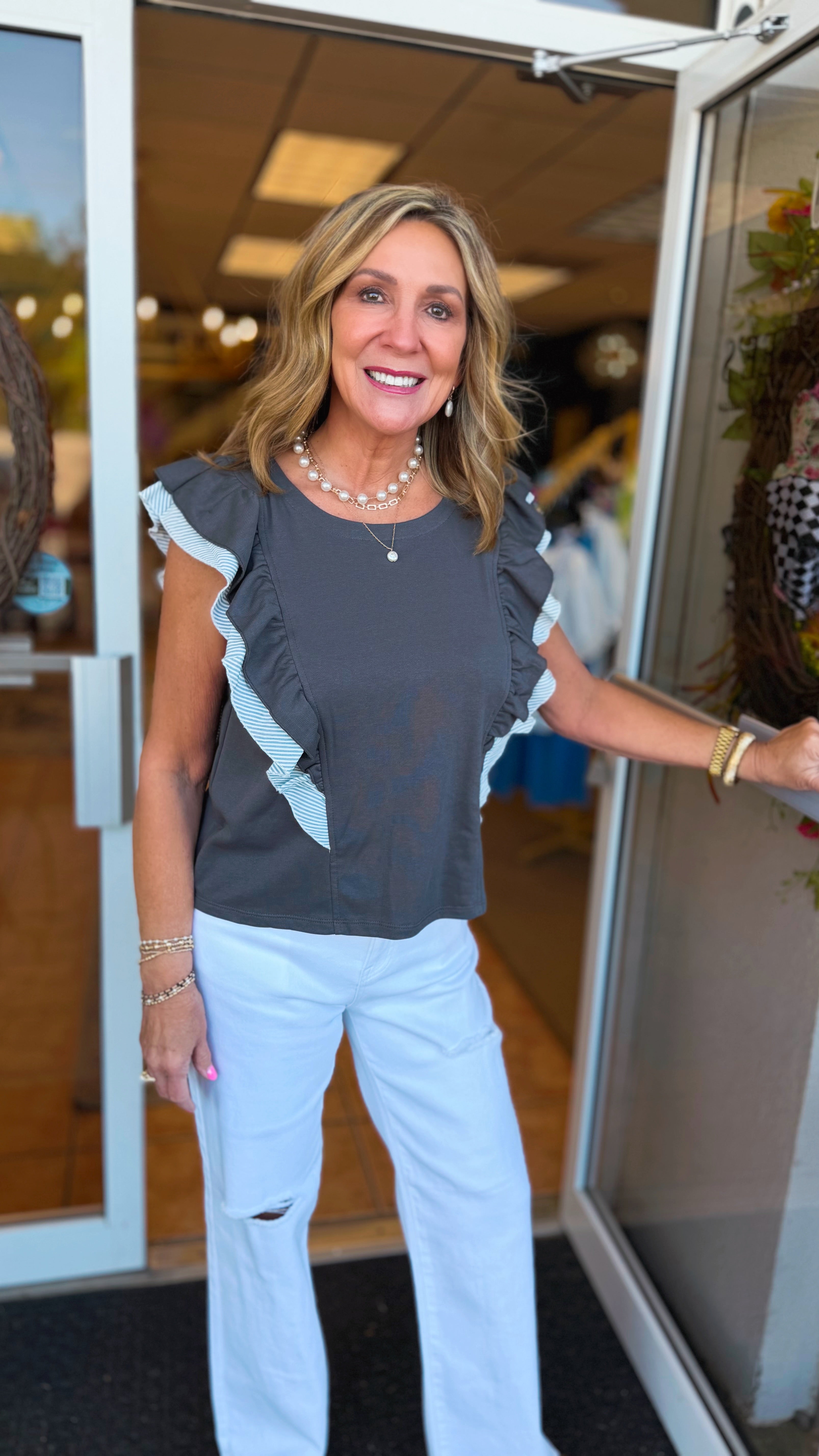 Charolette Flutter Back Striped Detailed Charcoal Top