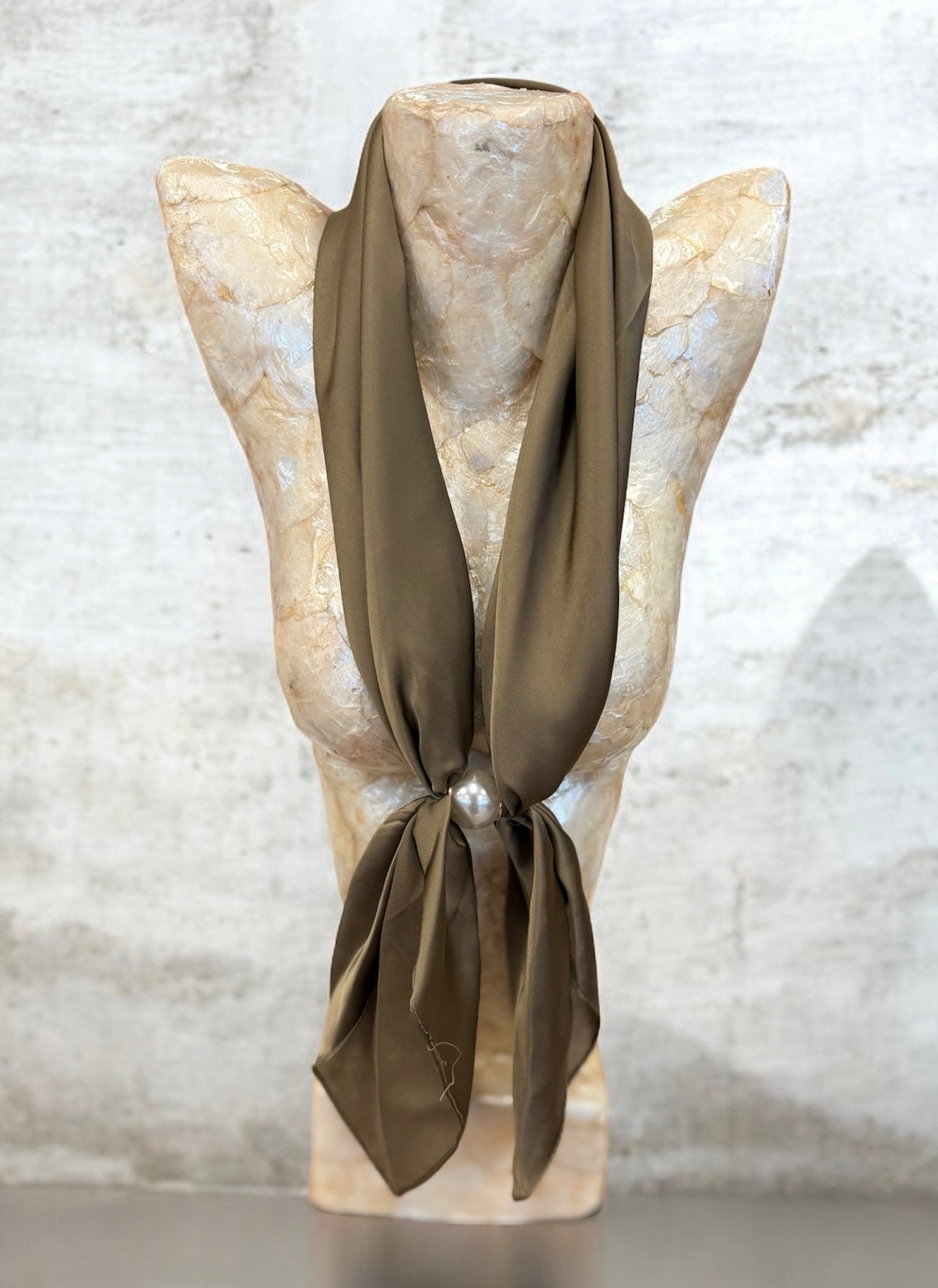 Olive Long Scarf Necklace With Pearl Magnetic Clasp