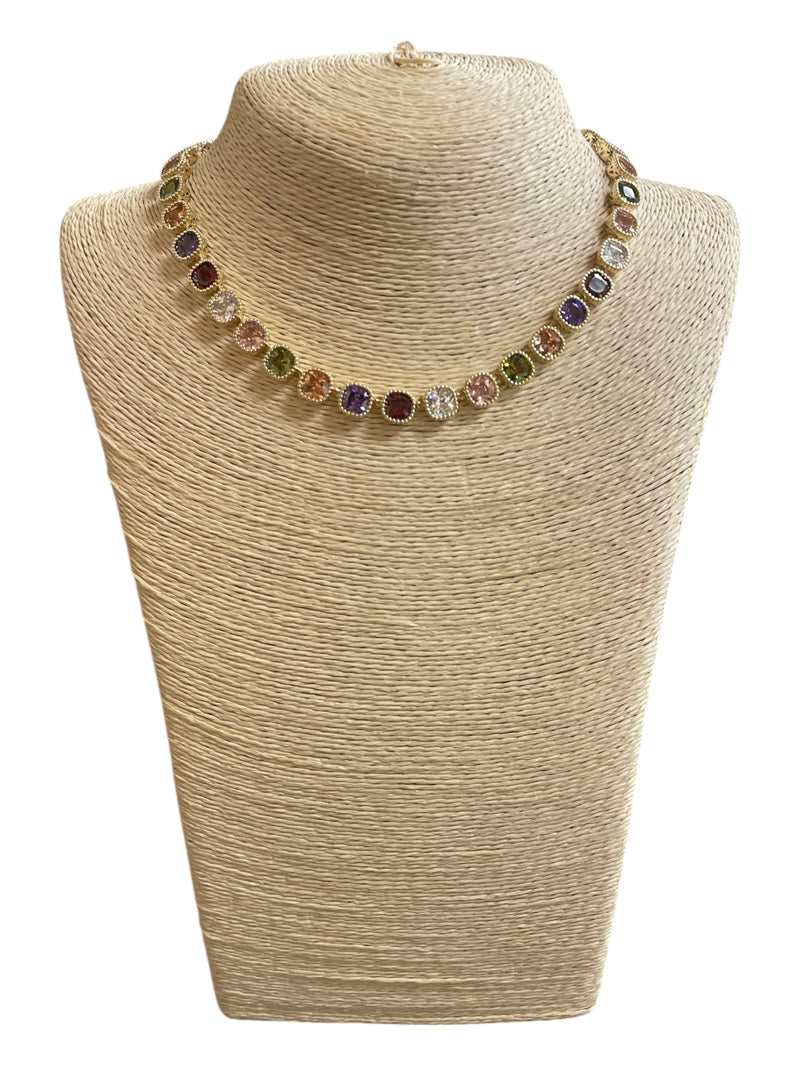 Cubic Zirconia Multi Color 14K Gold Plated Necklace
