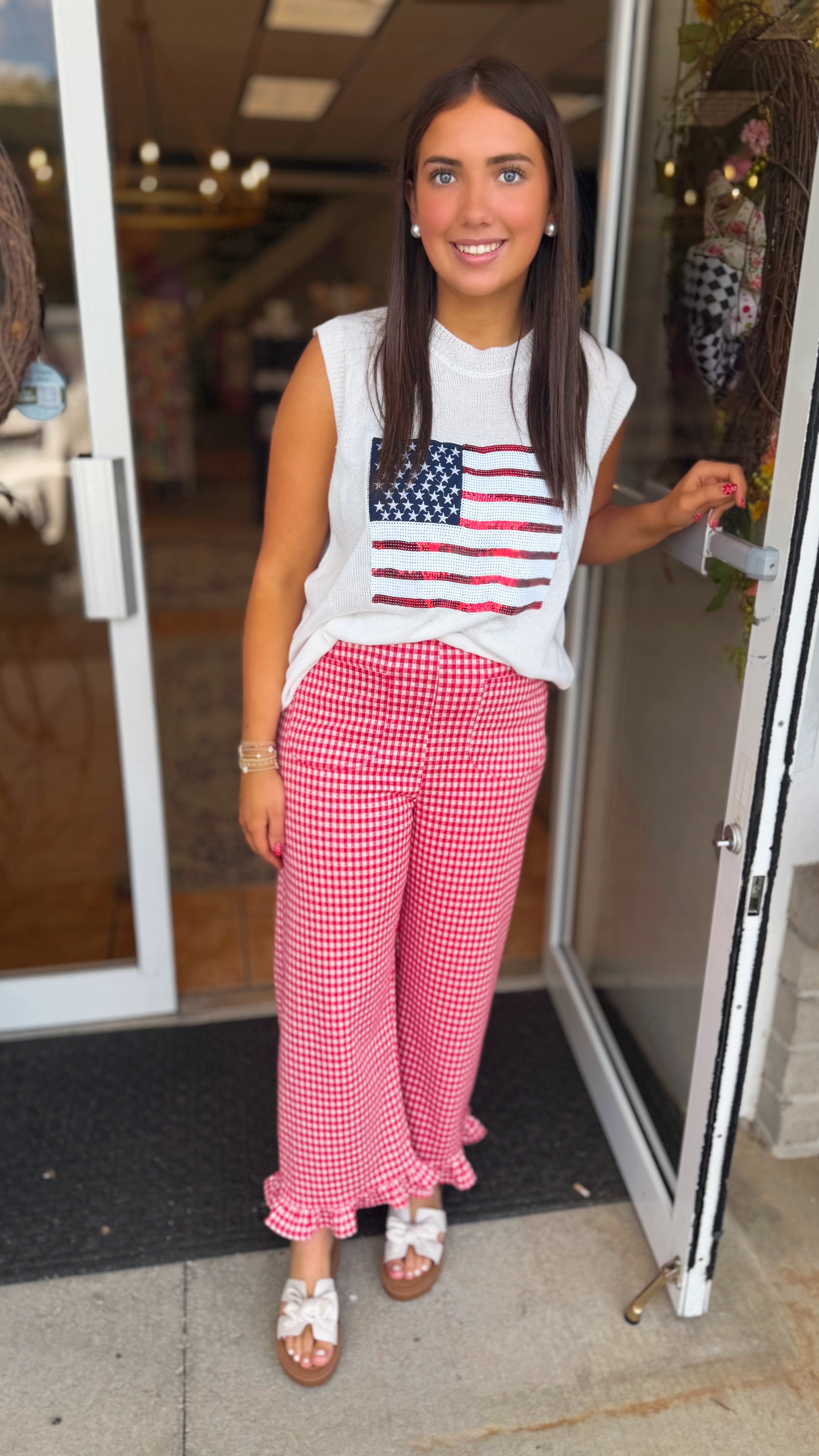 Sandra Rae Gingham Ruffle Hem Pants