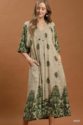 Bella Border Print Smock Detail Midi Dress