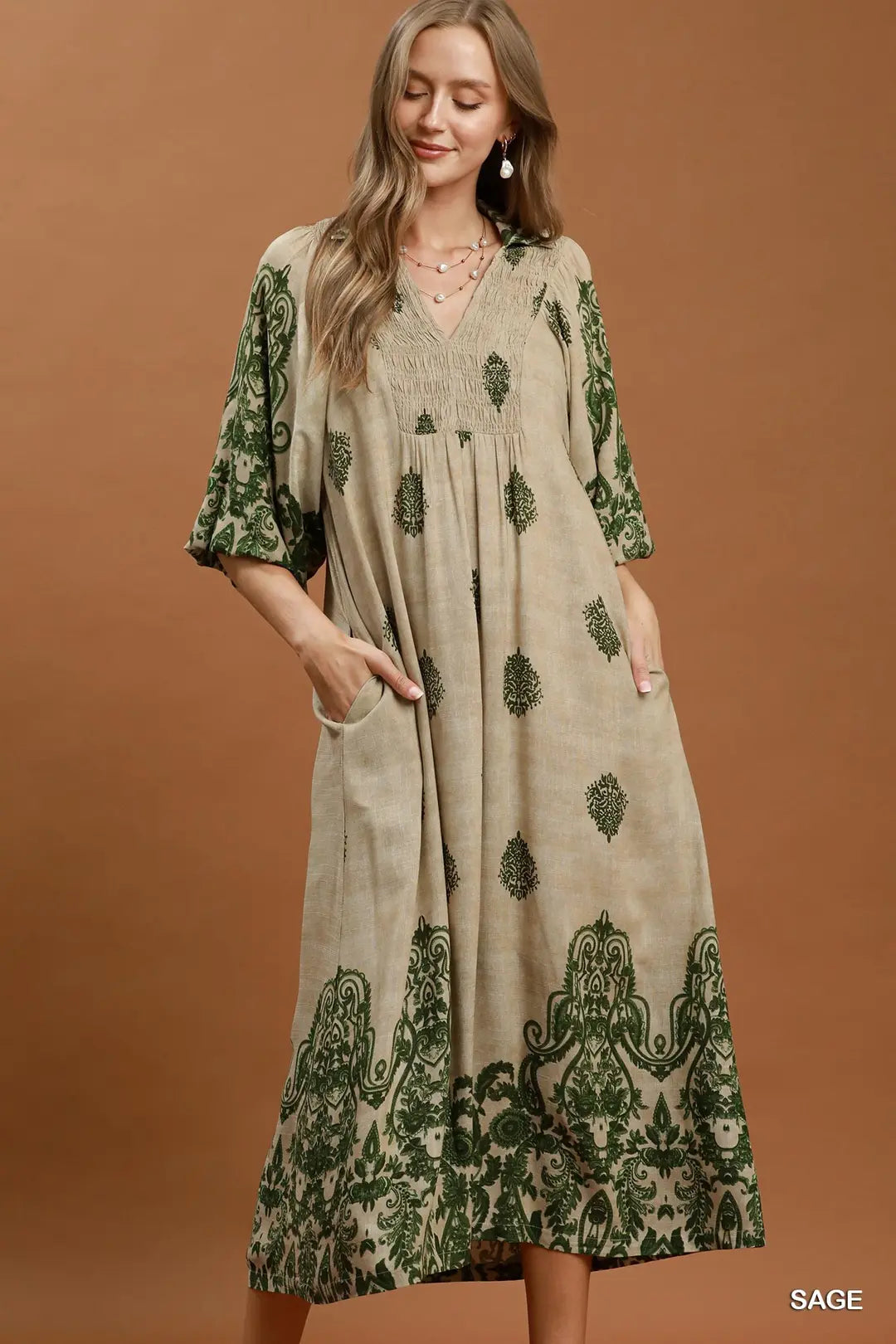 Bella Border Print Smock Detail Midi Dress