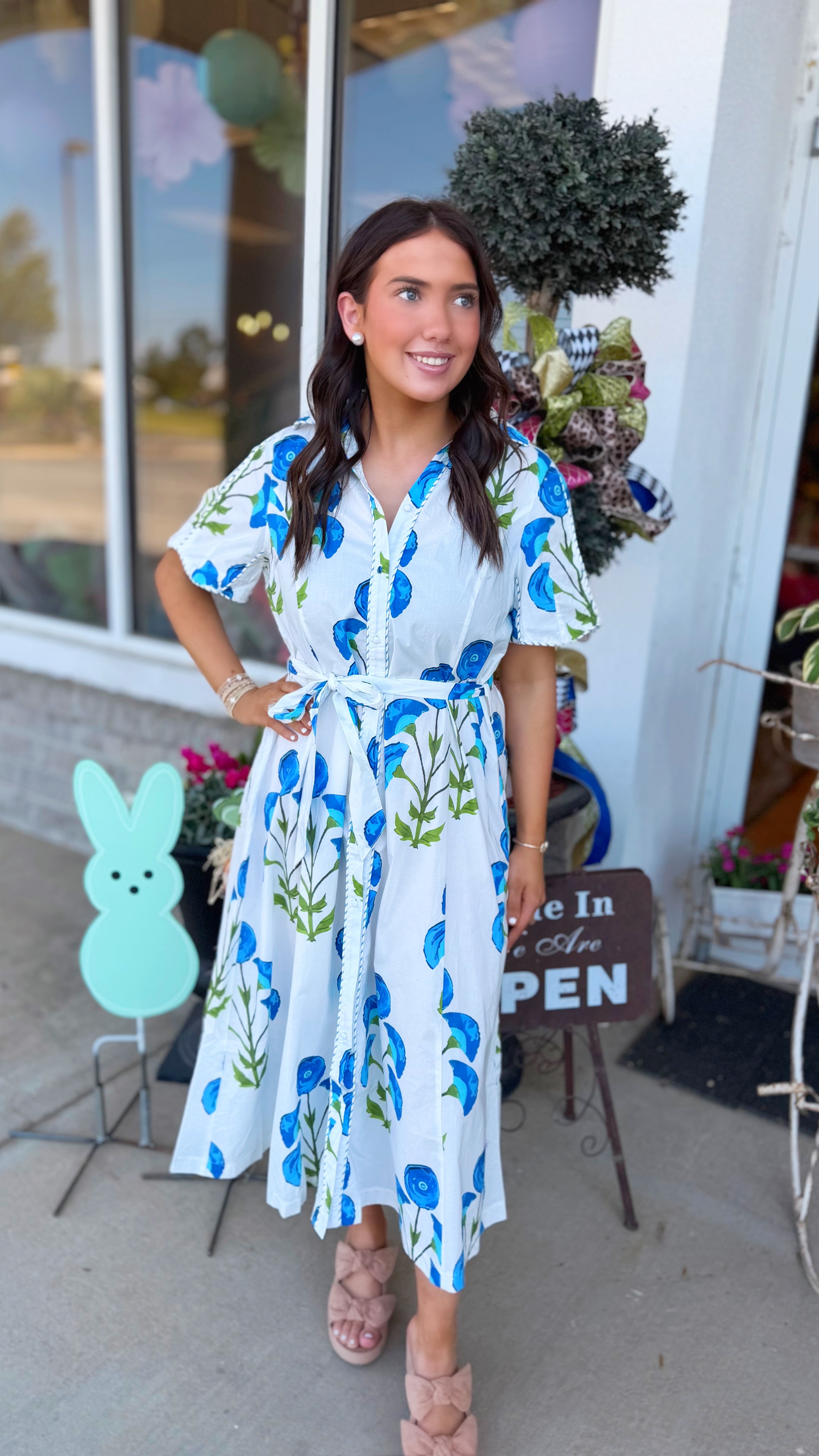 Olivia Off White Floral Belted Midi Dress