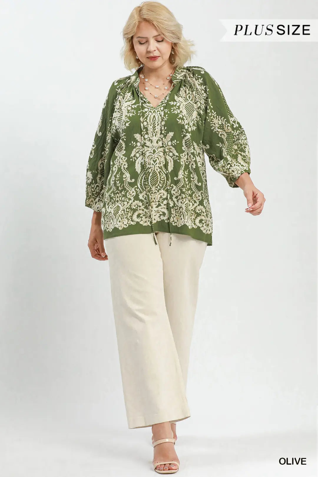 Curvy Baxli Boho Border Print Tie Neck Top