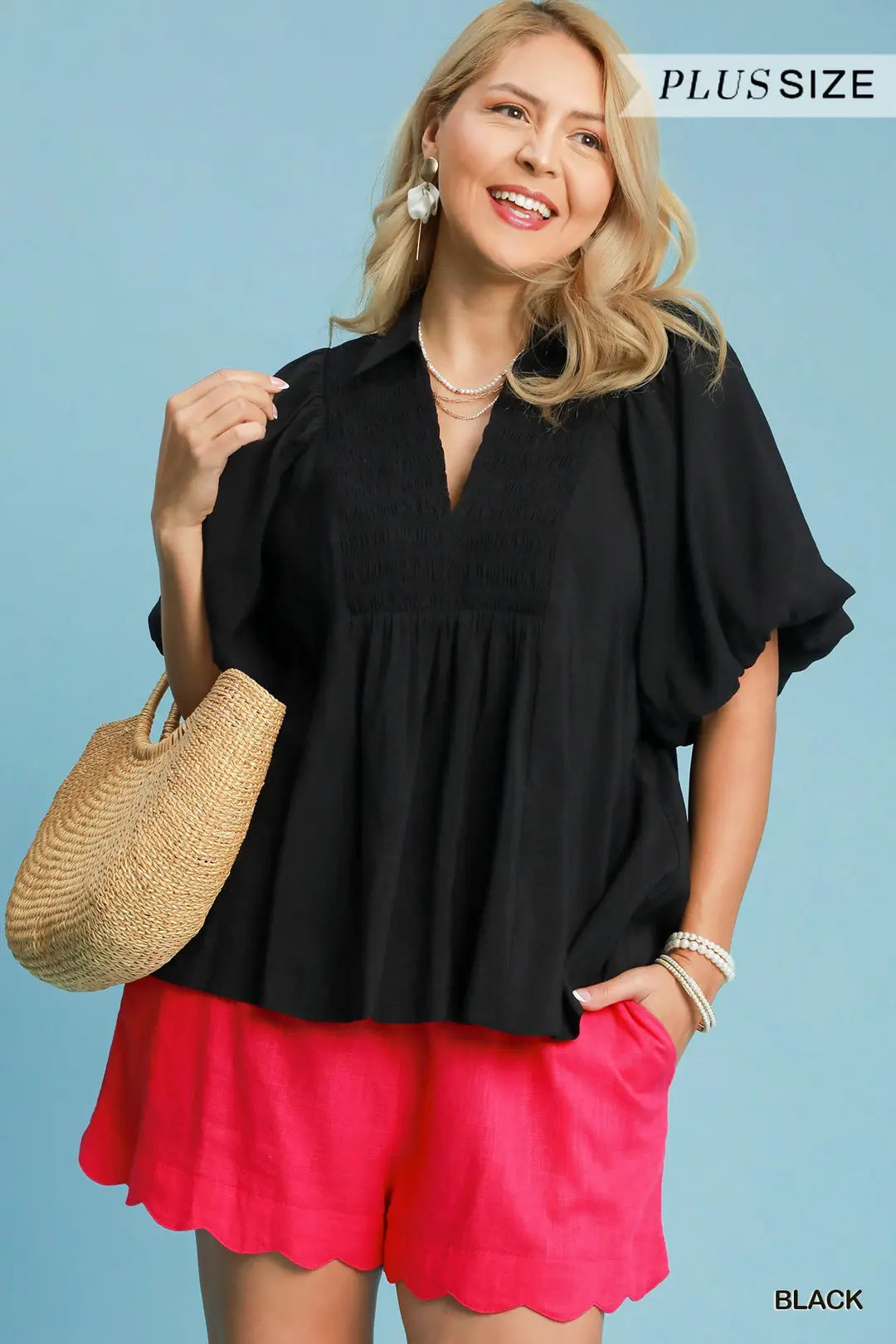 Curvy Bobbi Bubble Sleeve Smocked Yoke Top