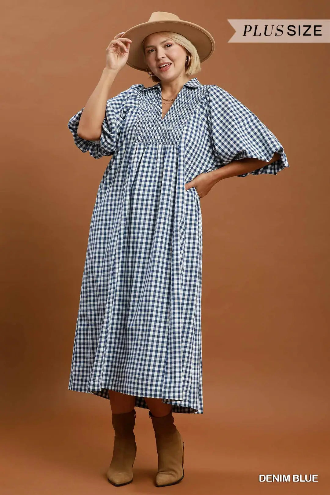 Curvy Glenda Gingham Smocked Midi Dress