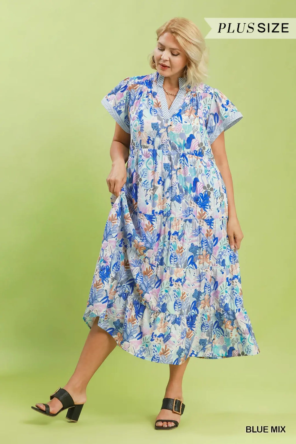 Curvy Laci Leaf Print Blue Mix Midi Dress