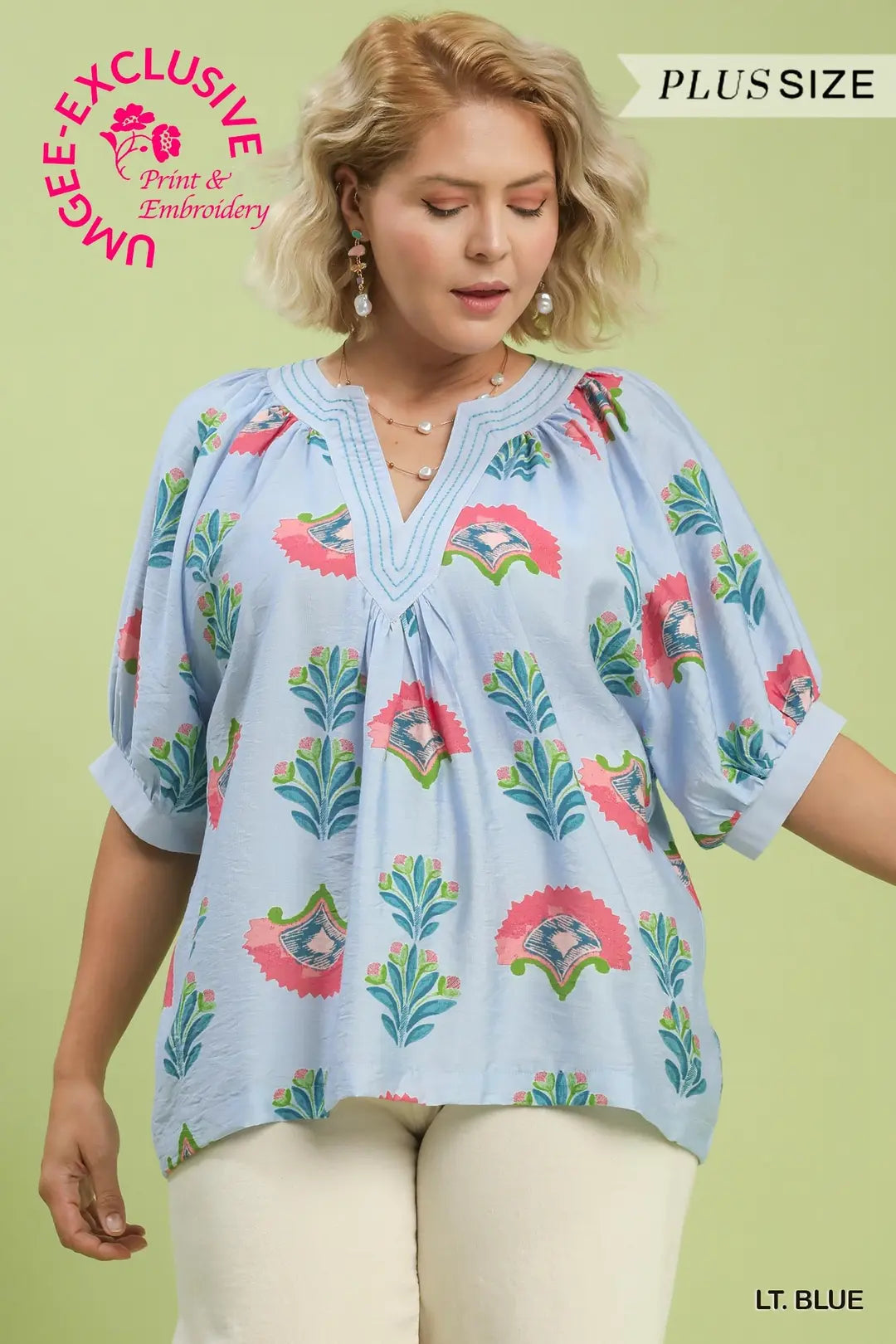 Curvy Latrice Light Blue Print Top