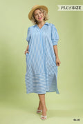 Curvy Sandy Striped Collared V-Neck Midi