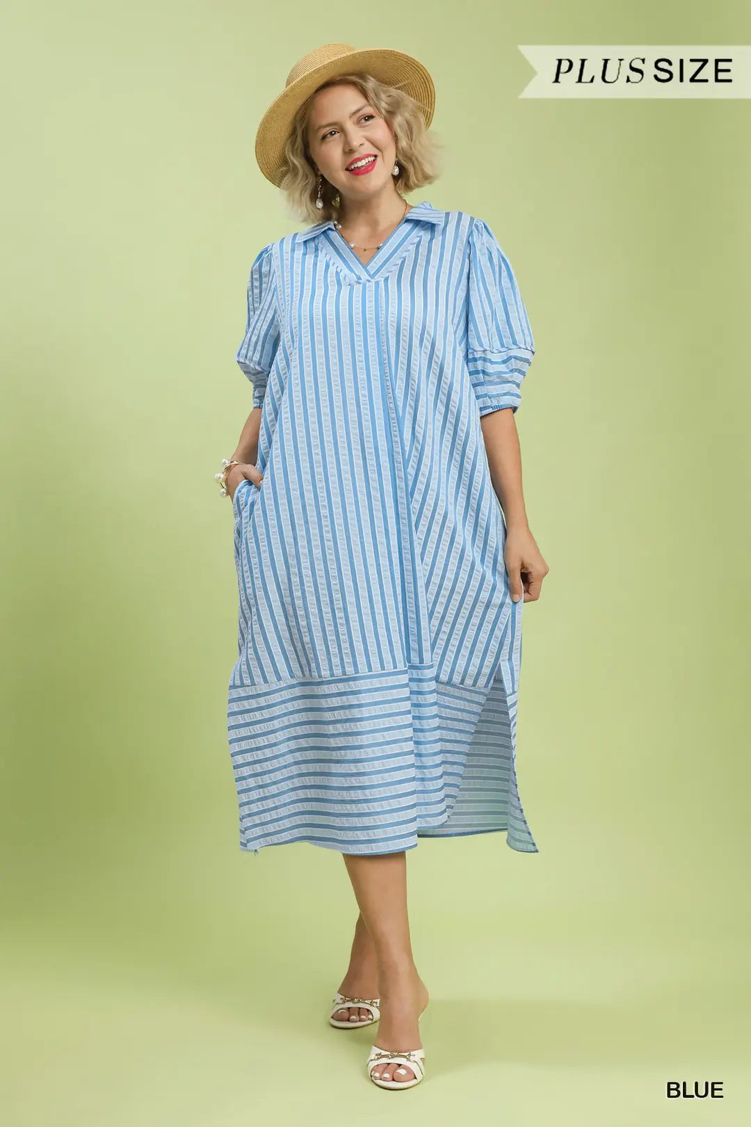 Curvy Sandy Striped Collared V-Neck Midi