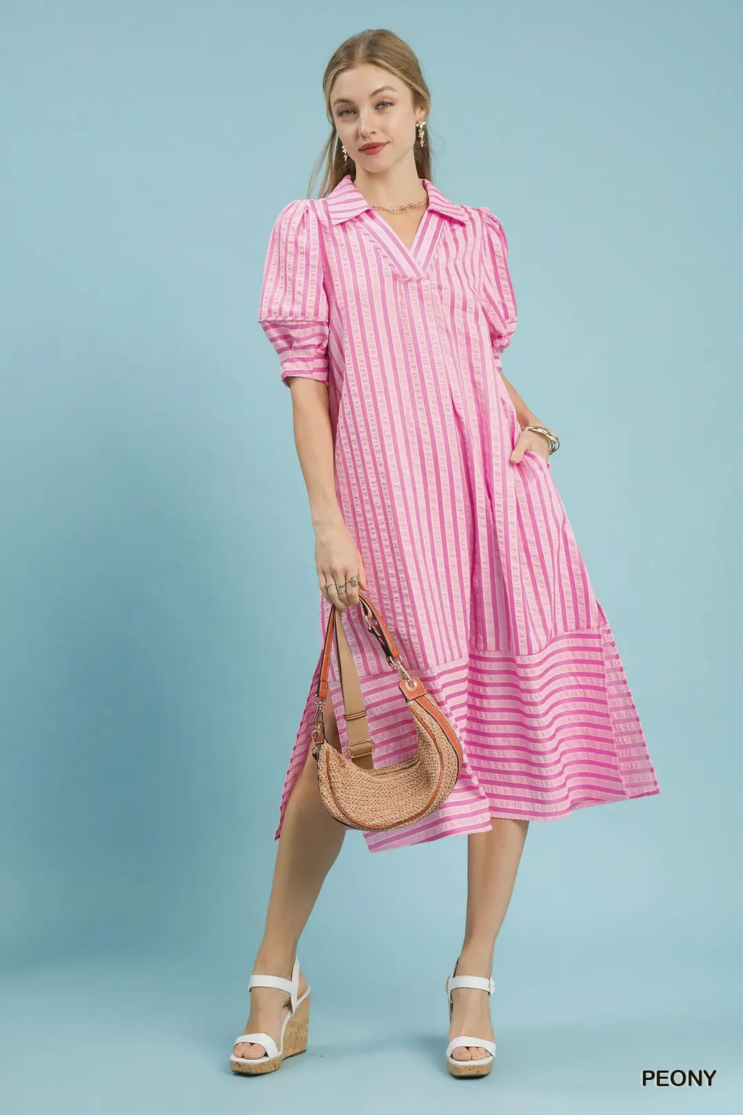 Curvy Sandy Striped Collared V-Neck Midi