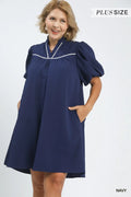 Curvy Sissy Seersucker Navy and White detail Dress